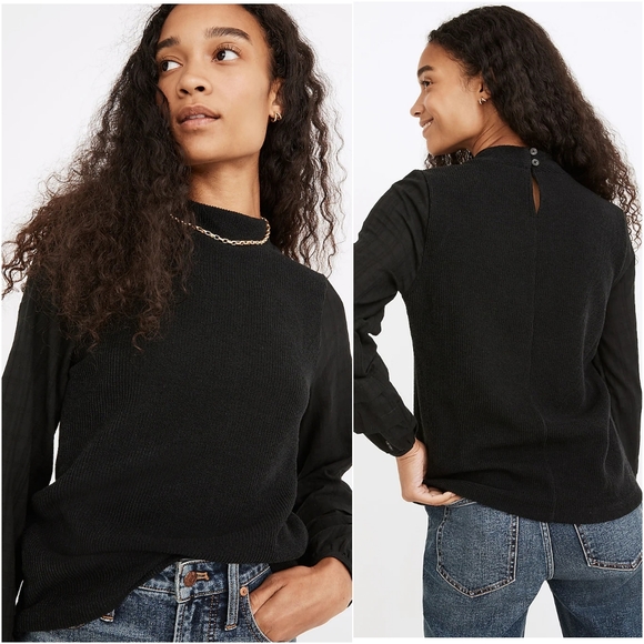 Madewell Weavemix Mockneck Bubble-Sleeve Ribbed Top Small Black - Picture 2 of 14